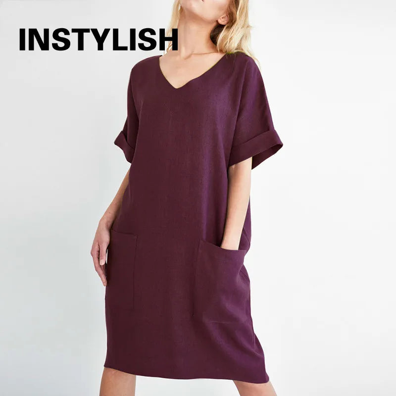 Sukienka mini z krótkim rękawem | V-neck z kieszeniami