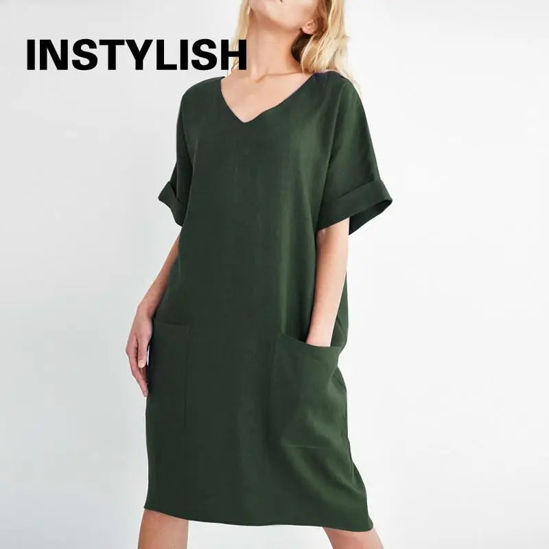 Sukienka mini z krótkim rękawem | V-neck z kieszeniami