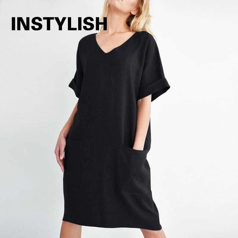 Sukienka mini z krótkim rękawem | V-neck z kieszeniami