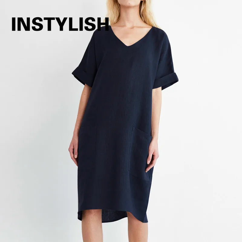 Sukienka mini z krótkim rękawem | V-neck z kieszeniami