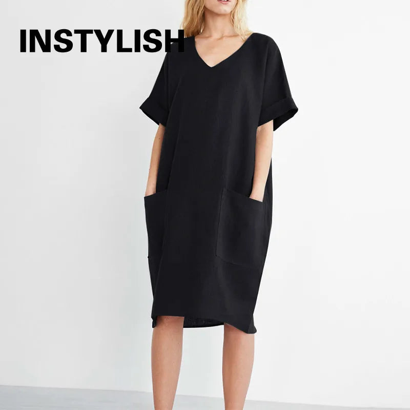 Sukienka mini z krótkim rękawem | V-neck z kieszeniami