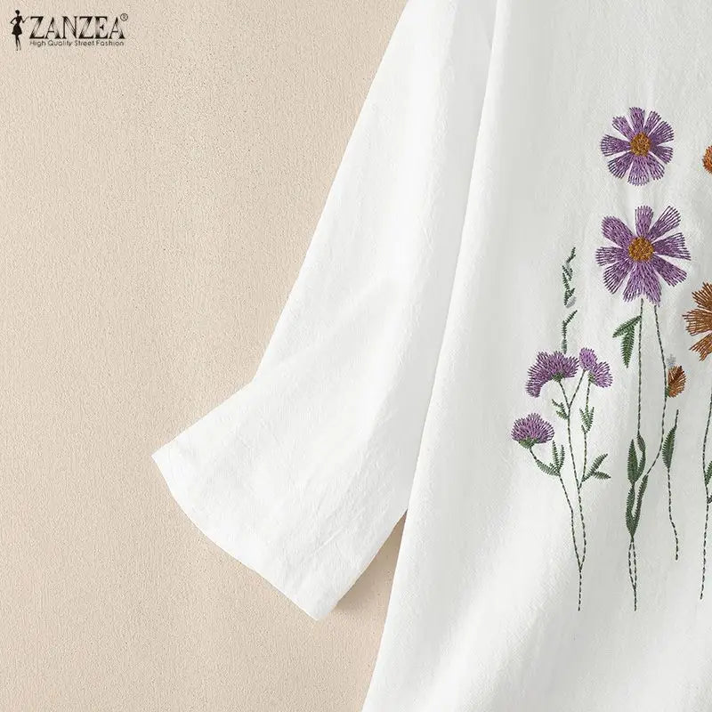 Bluzka bawełniana z haftem kwiatowym | V-neck 3/4 rękaw