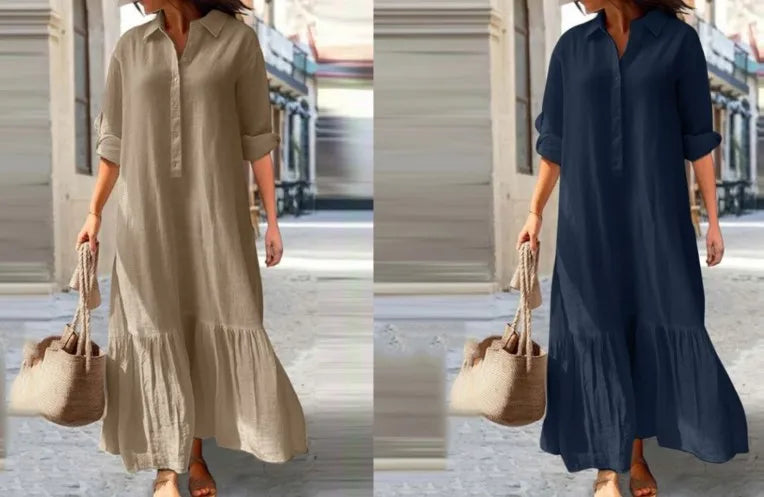 Sukienka lniana z długim rękawem | Elegancka midi