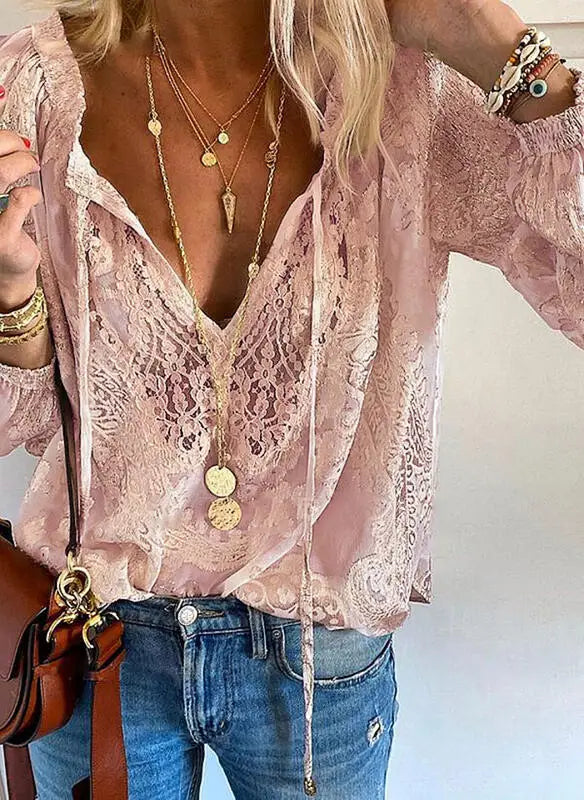 Bluzka boho z koronką | Głęboki dekolt V