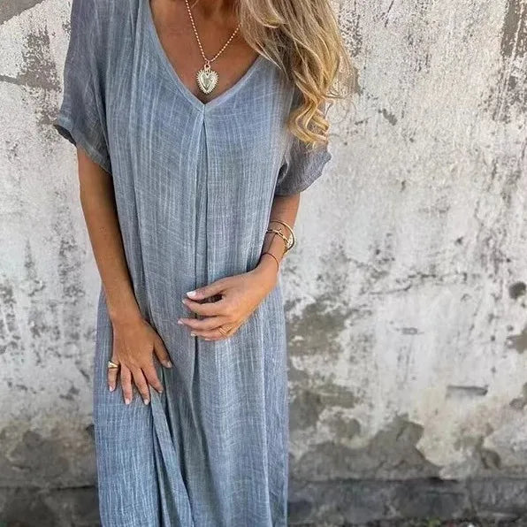 Sukienka z krótkim rękawem V-neck | Luźna maxi len