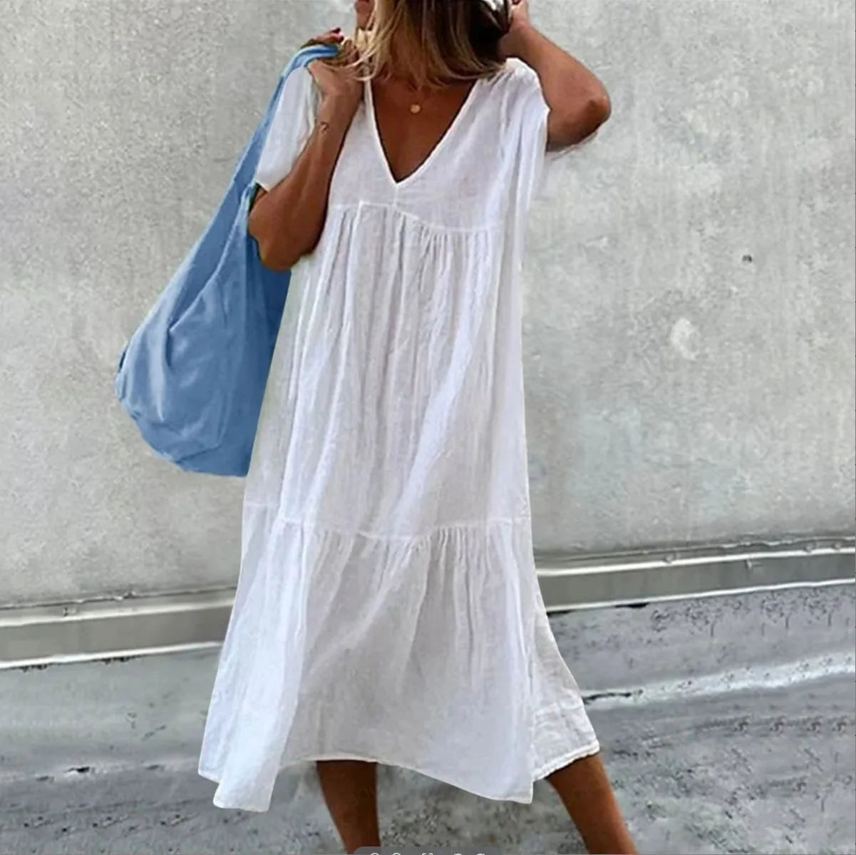 Długa sukienka z krótkim rękawem | V-neck kolorowa maxi