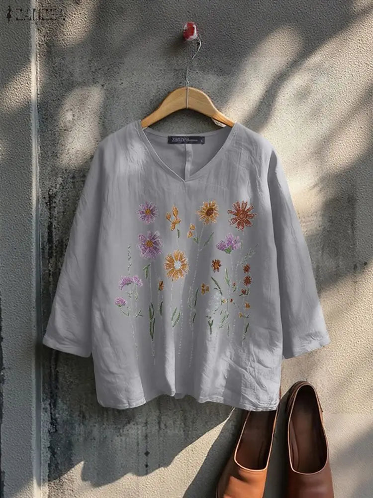 Bluzka bawełniana z haftem kwiatowym | V-neck 3/4 rękaw
