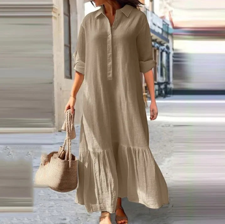Sukienka lniana z długim rękawem | Elegancka midi