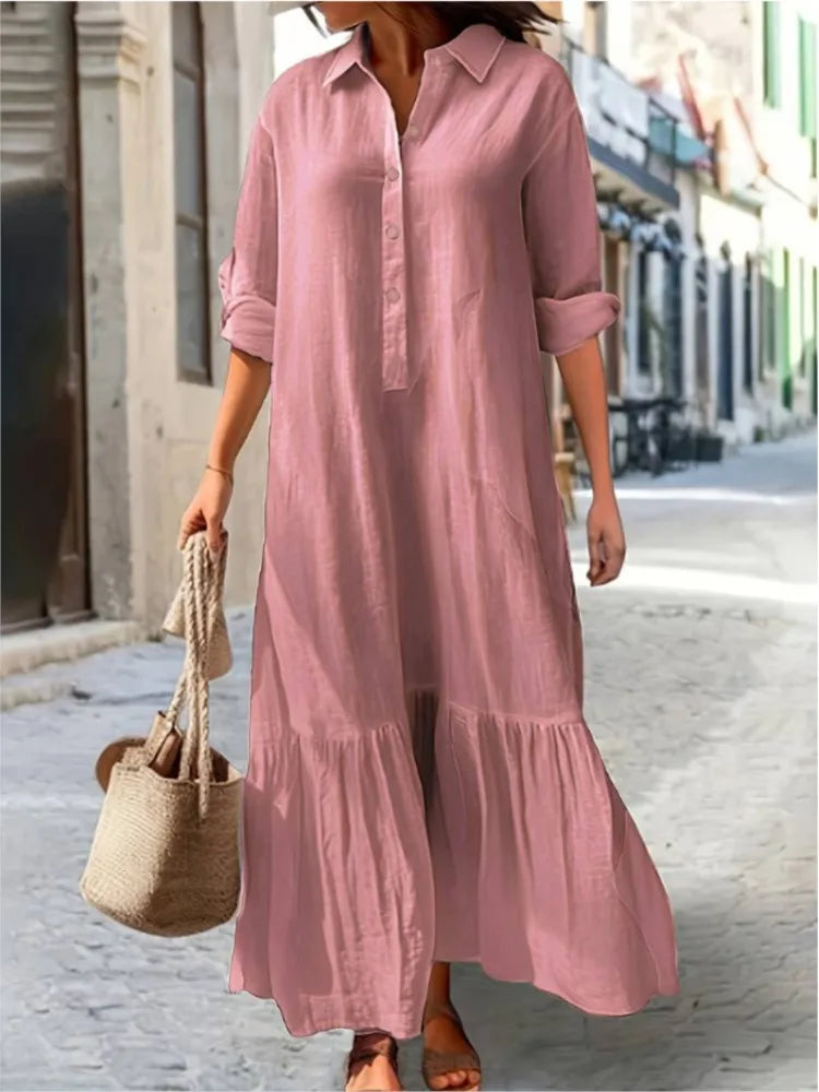 Sukienka lniana z długim rękawem | Elegancka midi