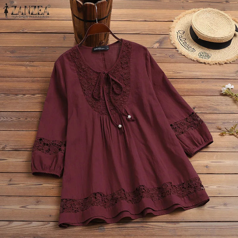 Tunika boho z koronkową wstawką | Rękaw 3/4 plażowa