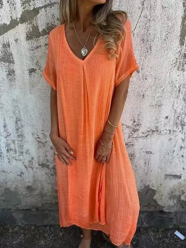 Sukienka z krótkim rękawem V-neck | Luźna maxi len
