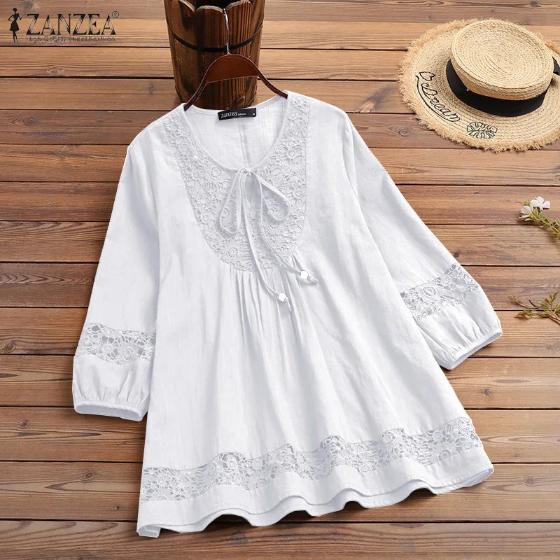 Tunika boho z koronkową wstawką | Rękaw 3/4 plażowa