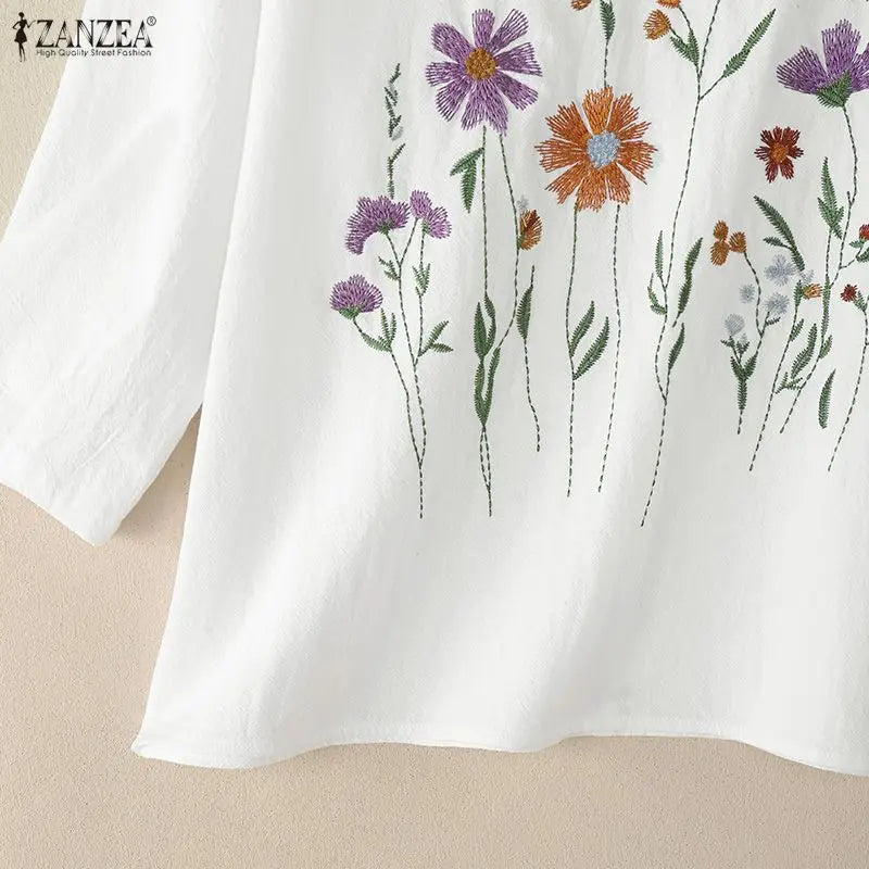 Bluzka bawełniana z haftem kwiatowym | V-neck 3/4 rękaw
