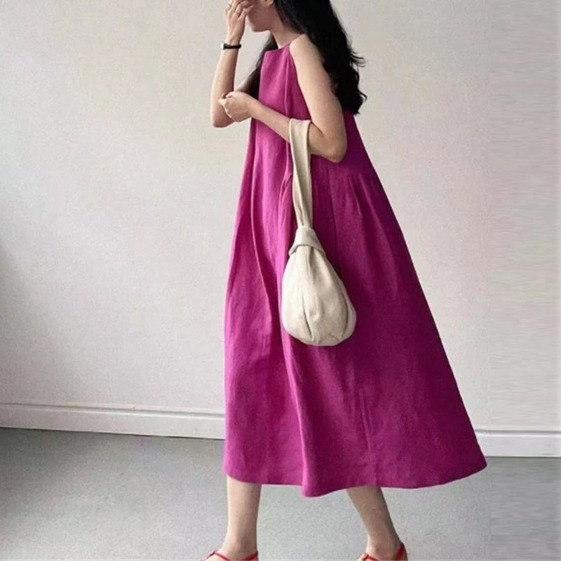 Sukienka maxi bez rękawów | Casual vintage len i bawełna
