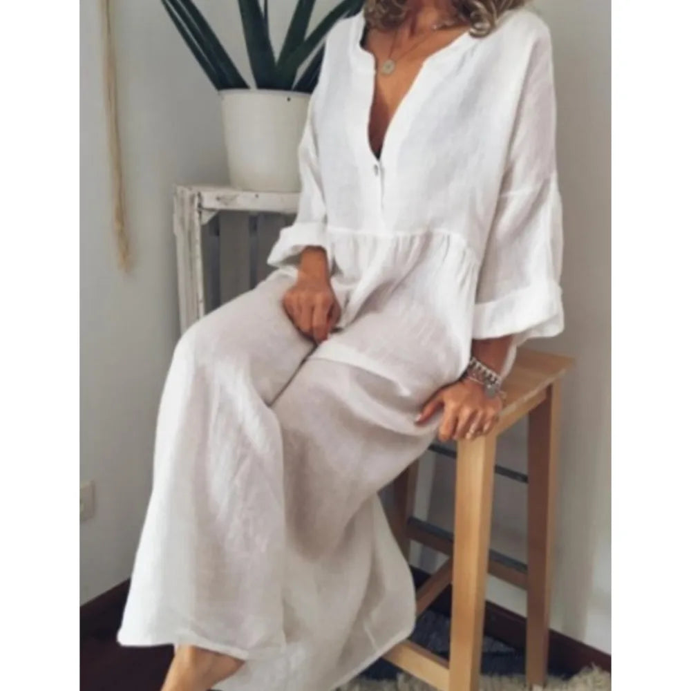 Sukienka lniana z guzikami | Koreański styl boho