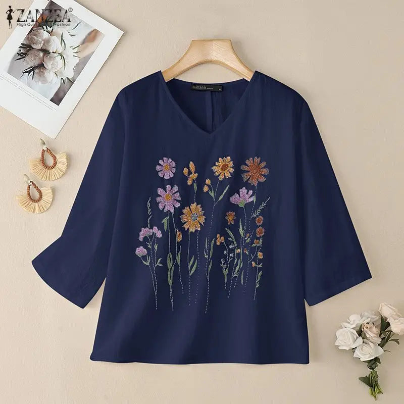 Bluzka bawełniana z haftem kwiatowym | V-neck 3/4 rękaw