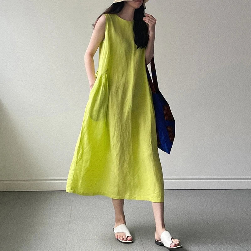 Sukienka maxi bez rękawów | Casual vintage len i bawełna