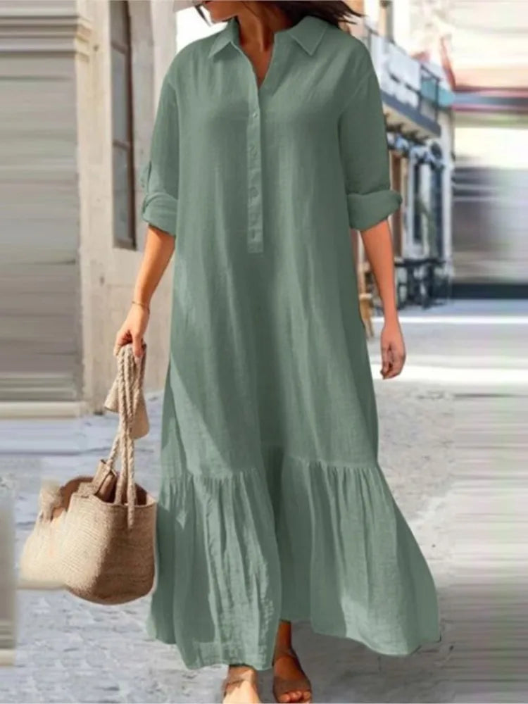 Sukienka lniana z długim rękawem | Elegancka midi