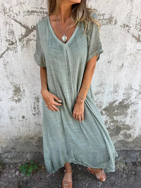 Sukienka z krótkim rękawem V-neck | Luźna maxi len