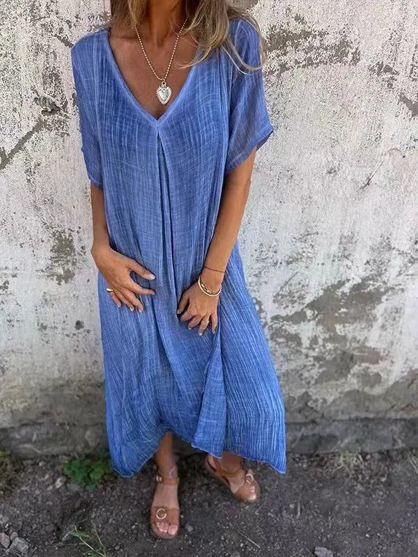 Sukienka z krótkim rękawem V-neck | Luźna maxi len