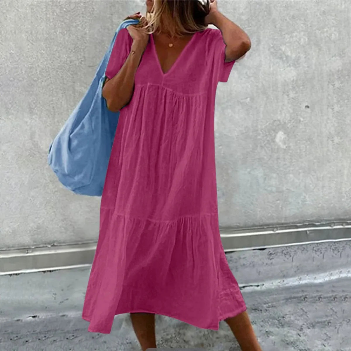 Długa sukienka z krótkim rękawem | V-neck kolorowa maxi