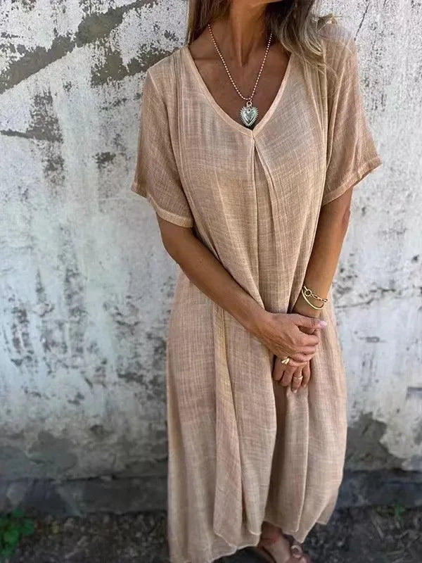 Sukienka z krótkim rękawem V-neck | Luźna maxi len