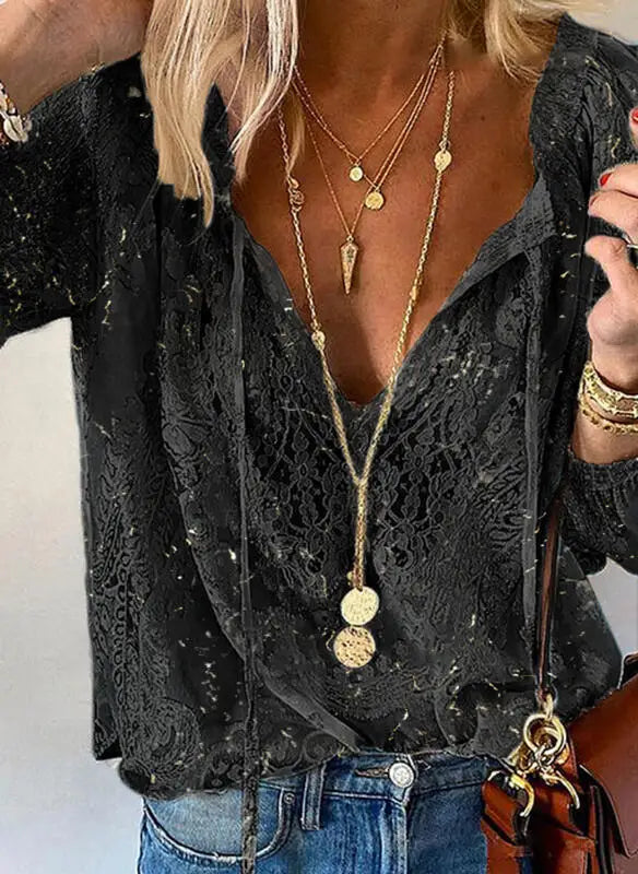 Bluzka boho z koronką | Głęboki dekolt V