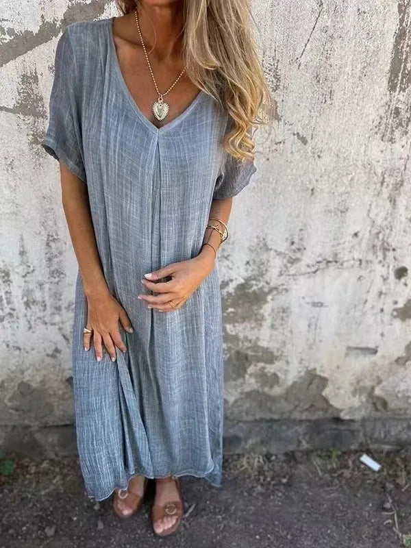 Sukienka z krótkim rękawem V-neck | Luźna maxi len