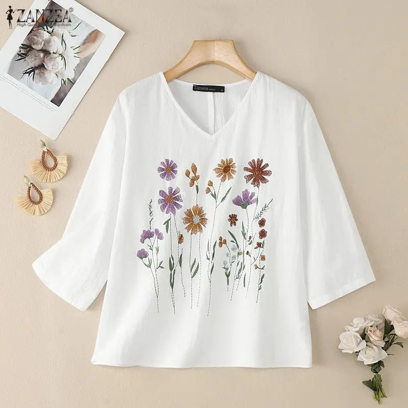 Bluzka bawełniana z haftem kwiatowym | V-neck 3/4 rękaw