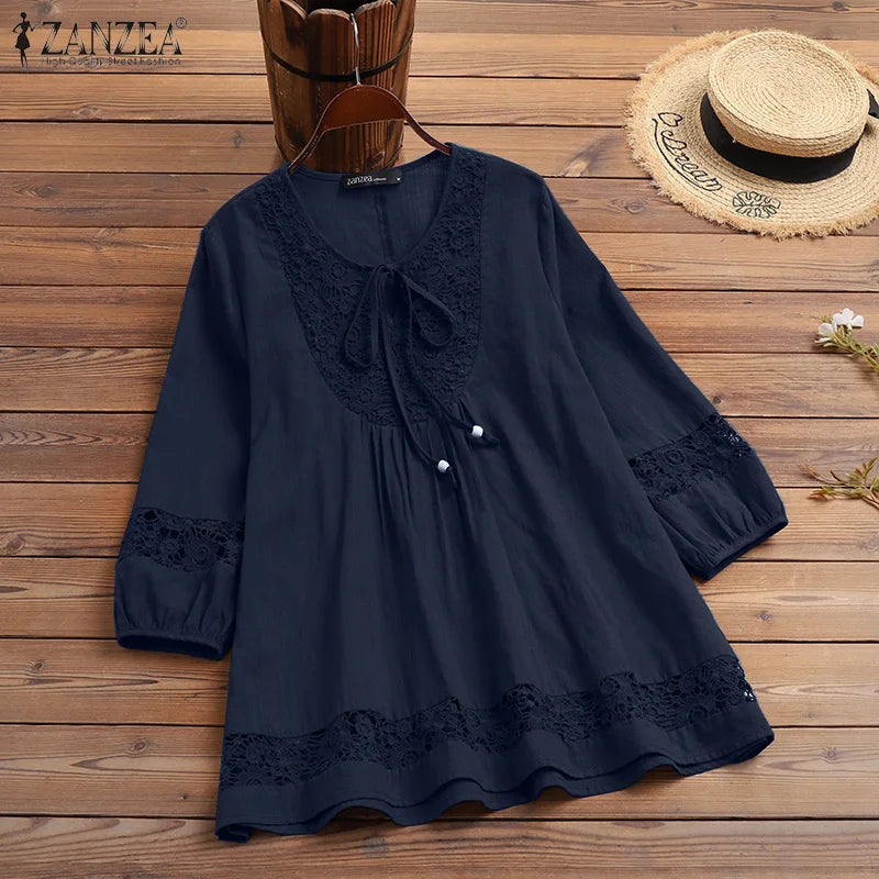 Tunika boho z koronkową wstawką | Rękaw 3/4 plażowa