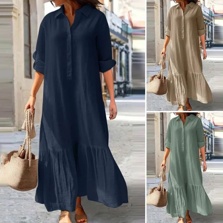 Sukienka lniana z długim rękawem | Elegancka midi