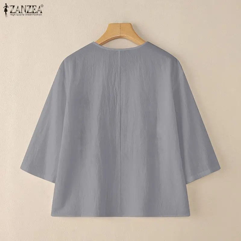 Bluzka bawełniana z haftem kwiatowym | V-neck 3/4 rękaw