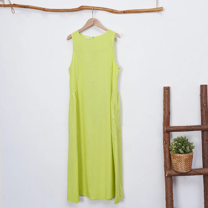 Sukienka maxi bez rękawów | Casual vintage len i bawełna