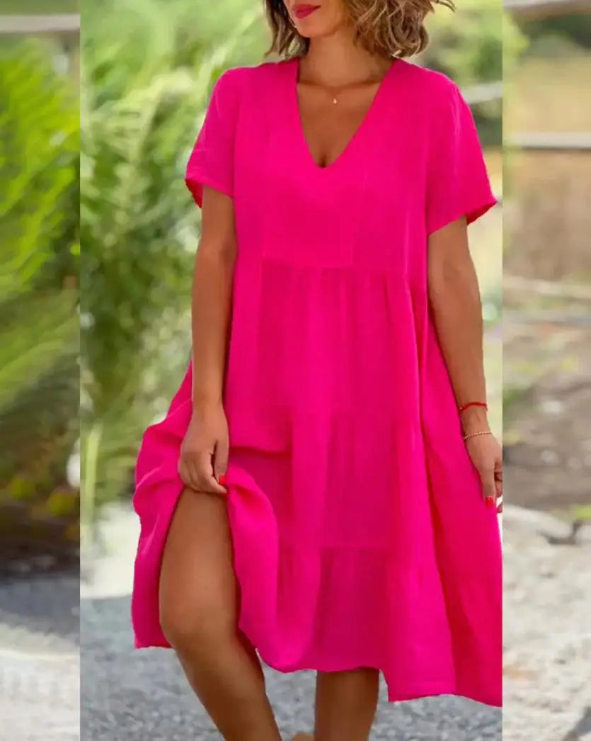 Sukienka z krótkim rękawem | Swing letnia V-neck bawełna