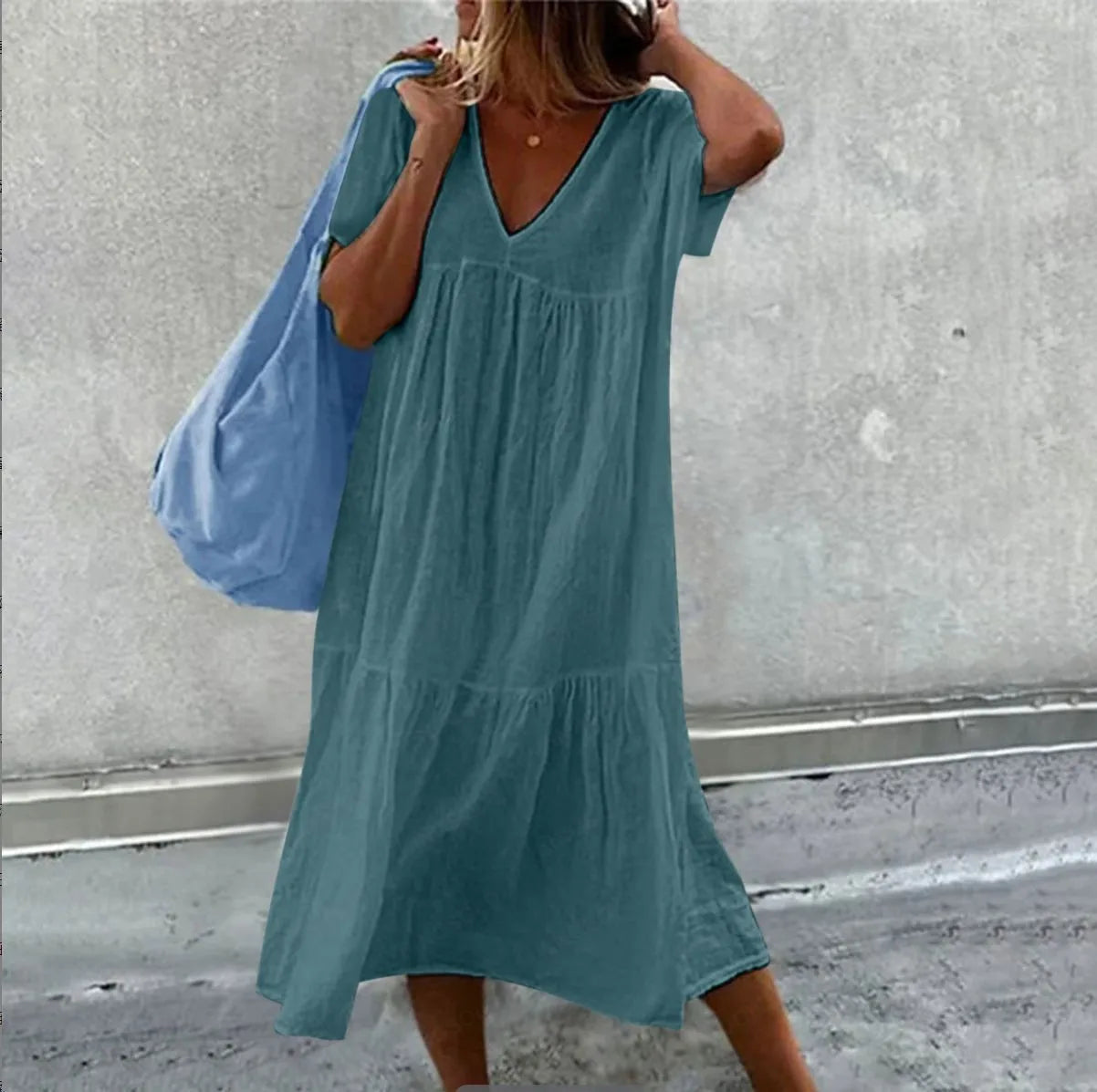 Długa sukienka z krótkim rękawem | V-neck kolorowa maxi