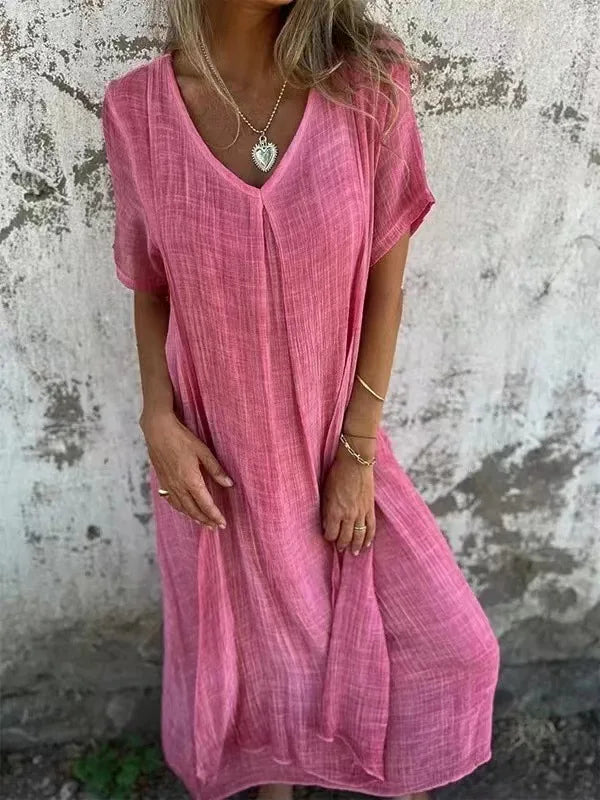 Sukienka z krótkim rękawem V-neck | Luźna maxi len