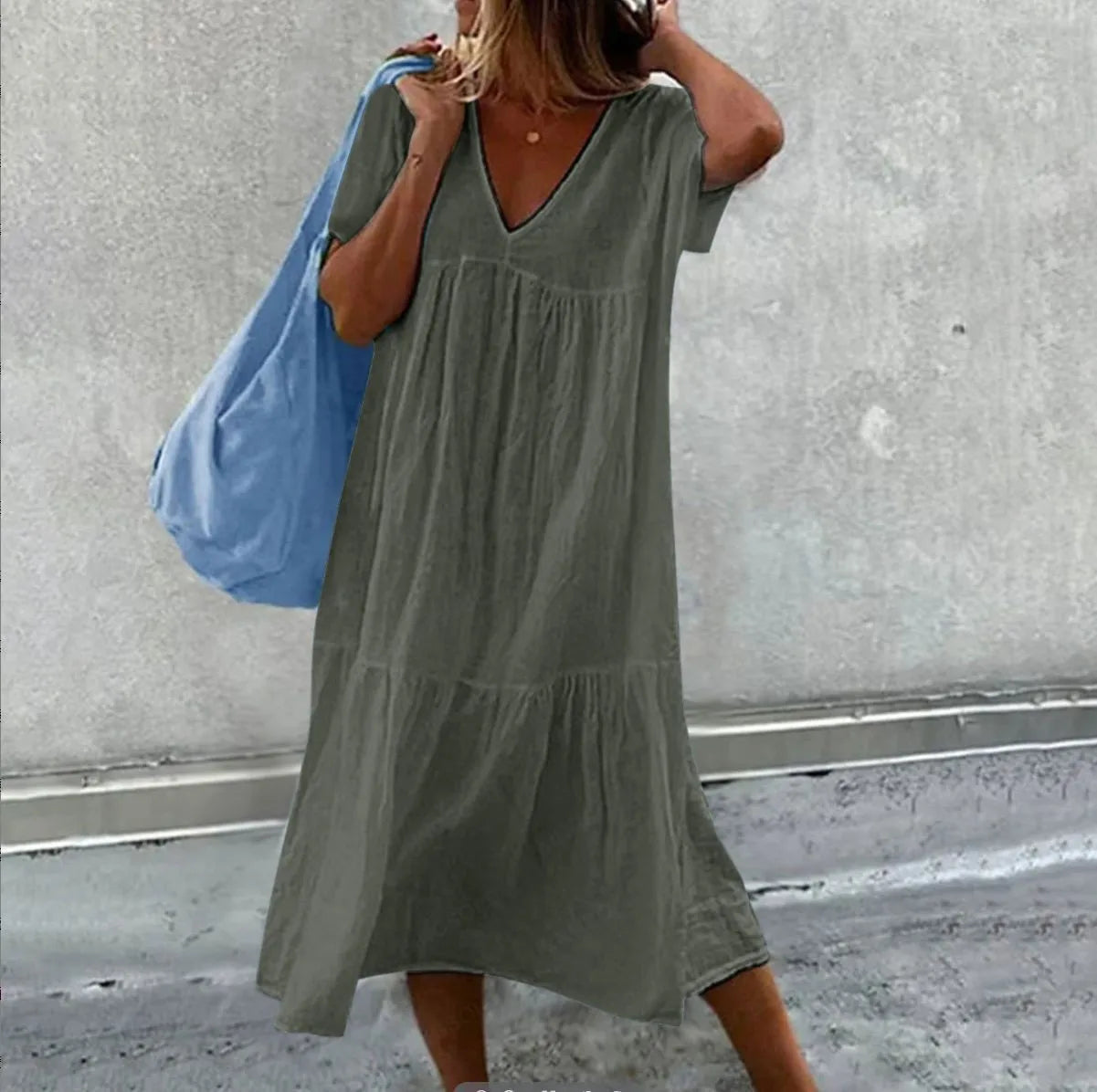 Długa sukienka z krótkim rękawem | V-neck kolorowa maxi