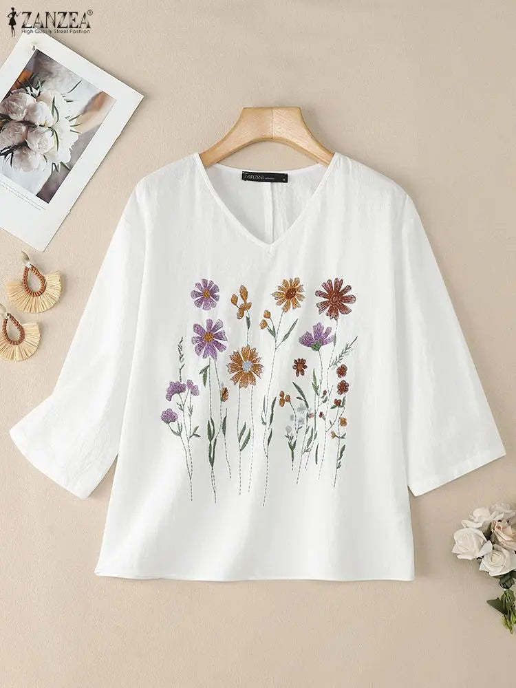 Bluzka bawełniana z haftem kwiatowym | V-neck 3/4 rękaw