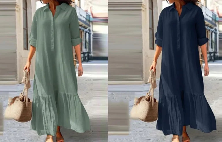 Sukienka lniana z długim rękawem | Elegancka midi