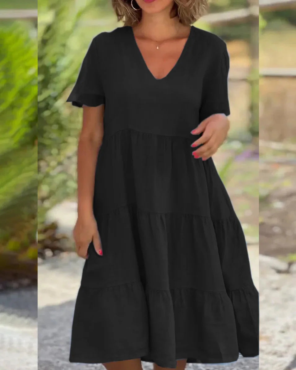Sukienka z krótkim rękawem | Swing letnia V-neck bawełna