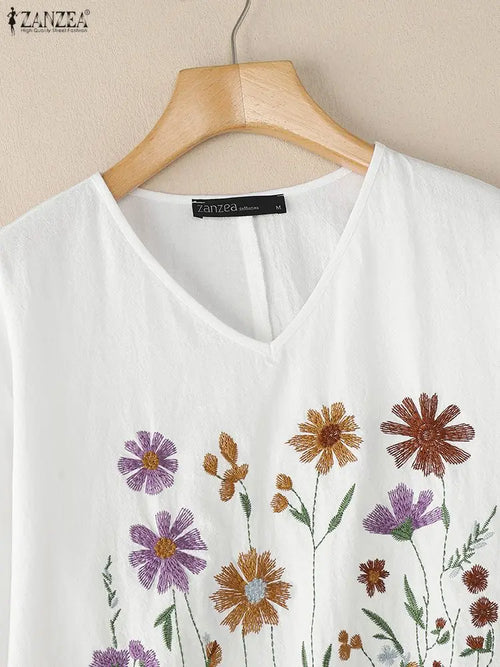 Bluzka bawełniana z haftem kwiatowym | V-neck 3/4 rękaw