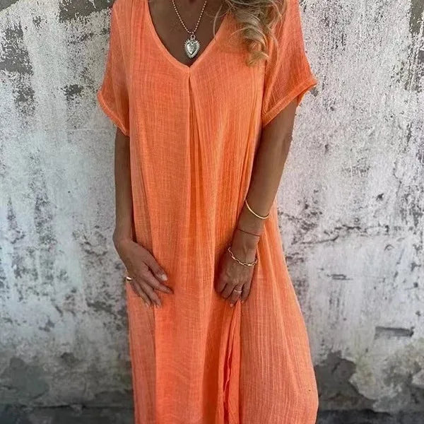 Sukienka z krótkim rękawem V-neck | Luźna maxi len