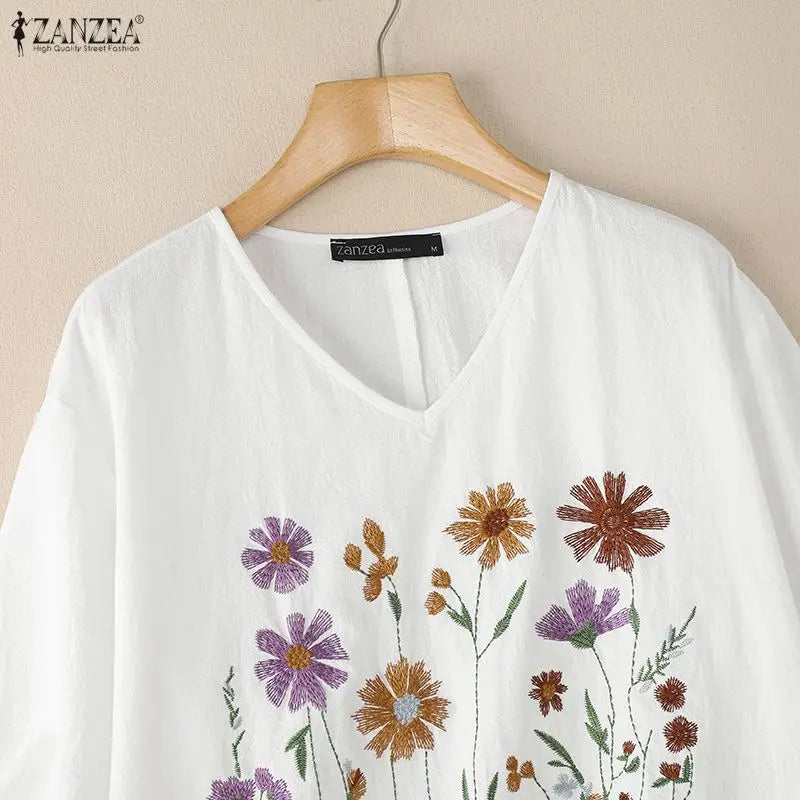 Bluzka bawełniana z haftem kwiatowym | V-neck 3/4 rękaw