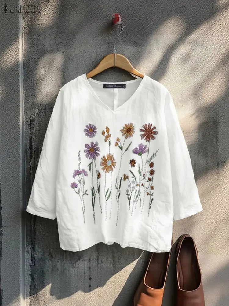 Bluzka bawełniana z haftem kwiatowym | V-neck 3/4 rękaw