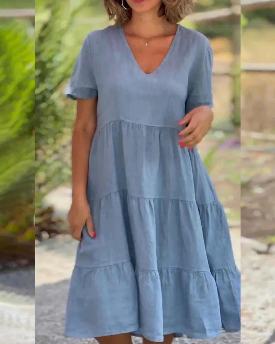 Sukienka z krótkim rękawem | Swing letnia V-neck bawełna