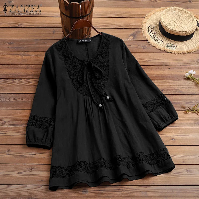 Tunika boho z koronkową wstawką | Rękaw 3/4 plażowa
