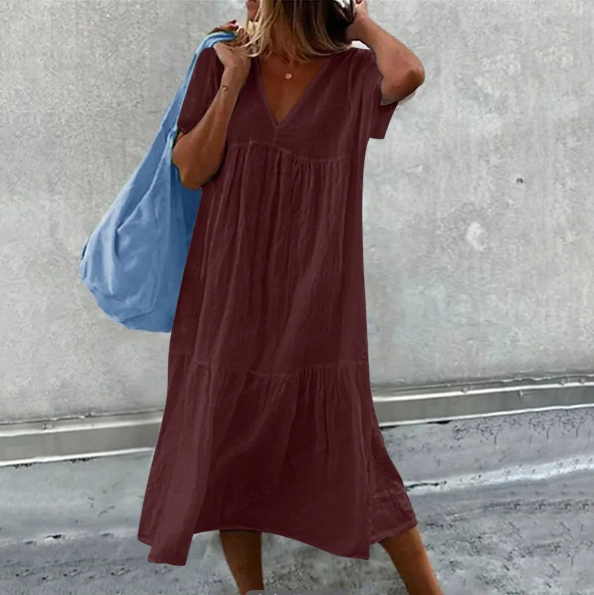 Długa sukienka z krótkim rękawem | V-neck kolorowa maxi