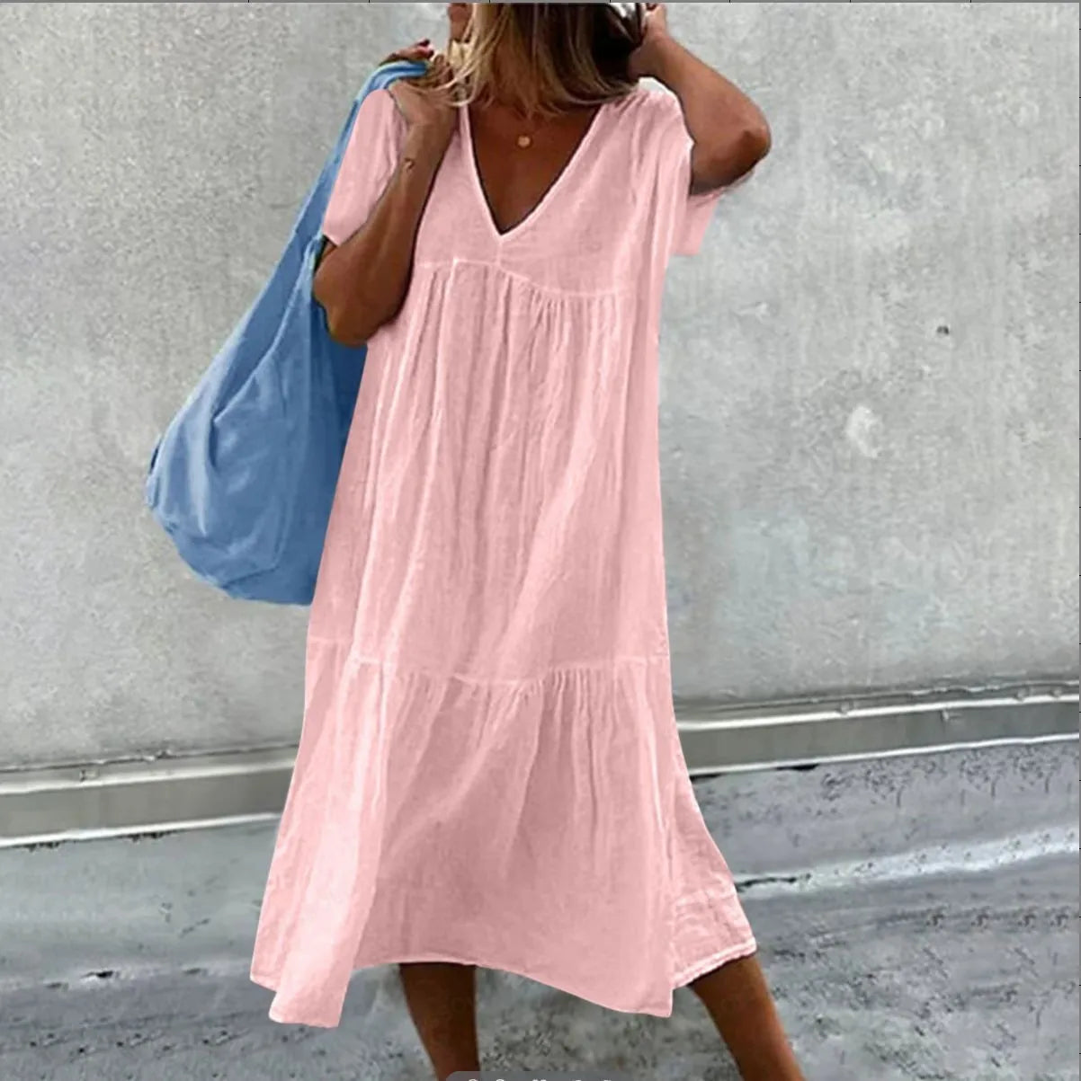 Długa sukienka z krótkim rękawem | V-neck kolorowa maxi