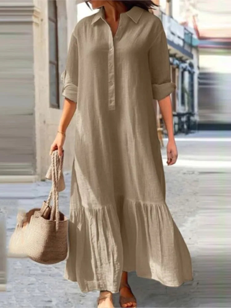 Sukienka lniana z długim rękawem | Elegancka midi