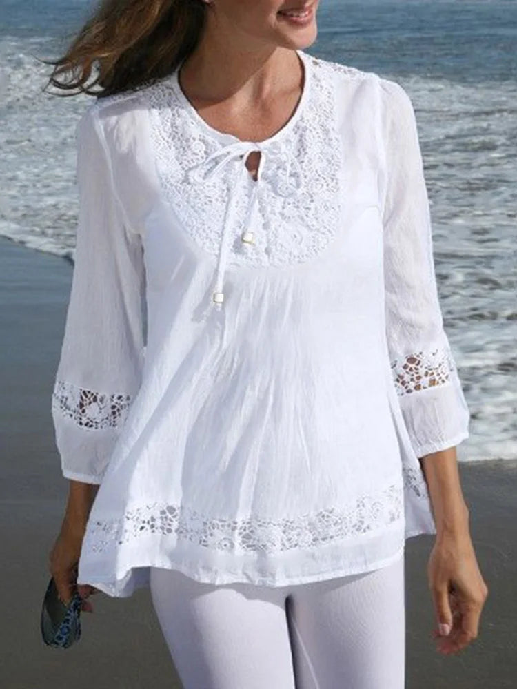 Tunika boho z koronkową wstawką | Rękaw 3/4 plażowa